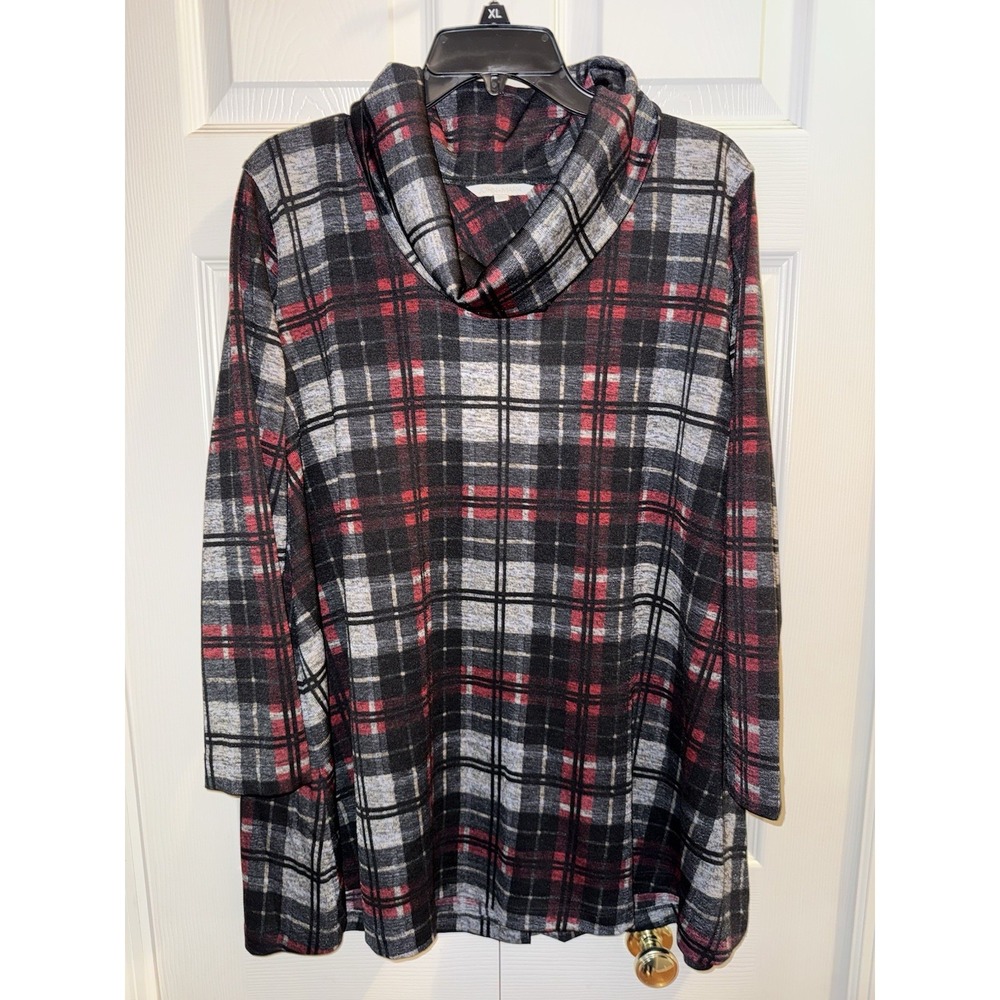 John Mark Women's Cowl Neck Plaid Tunic Top‎ Black Red Buttons Size XL Casual